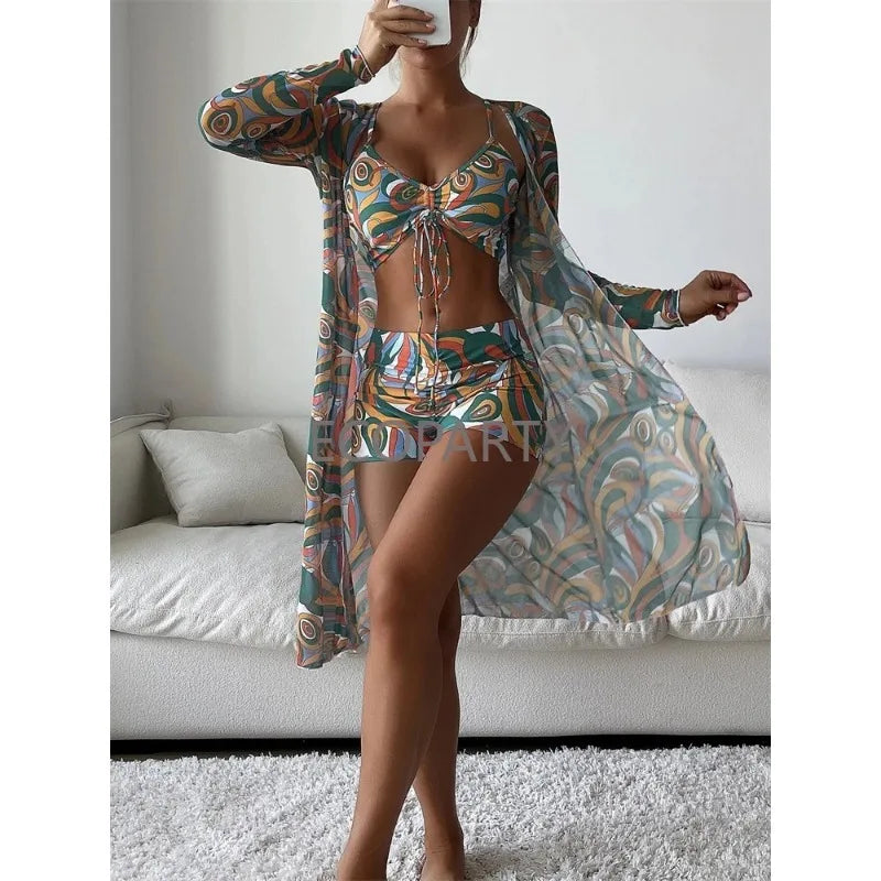 Women's Fashion Draw Rope Swimsuit Print High Waist Long Sleeve Smock Split Three Piece Bikini Set Swimwear - The Genie Store