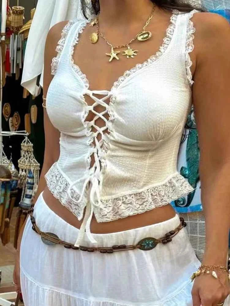 Plus Size Women's Lace Lingerie Spaghetti Strap Vest Camisole Top Women's Sexy Deep V Neck Slim Tight Y2K Sleeveless Tank Top - The Genie Store