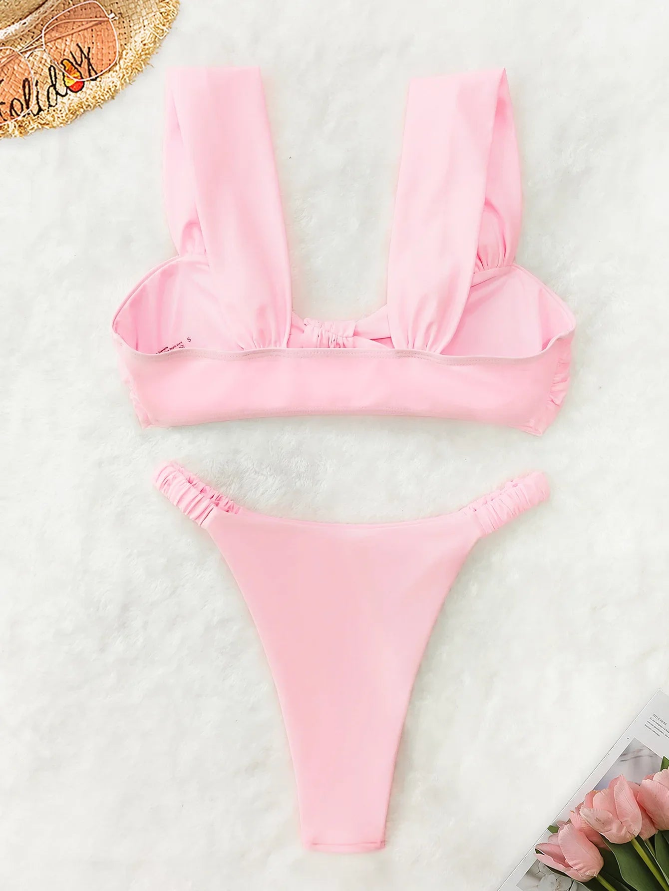 AOTVOTEE Sexy Pink Backless Bikinis 2 Piece Set Women Solid Split Swimsuit Beach Bikinis 2025 New Summer Swimwear Bikinis Set - The Genie Store