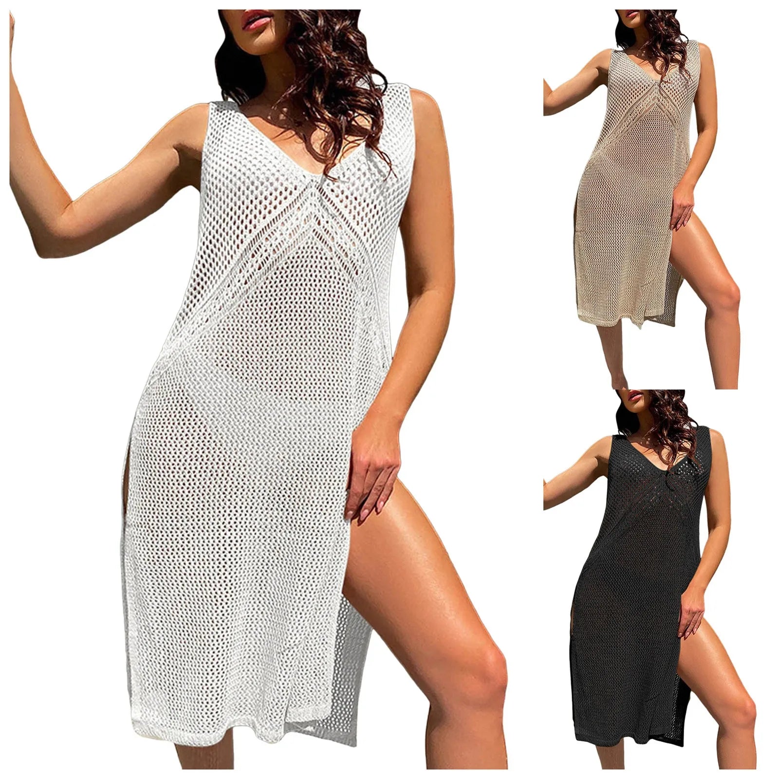 Women Crochet Swimsuit Cover Up Sleeveless Hollow Out Long Swim Split Mesh Beach Dress Cover Up For Womens Bathing Suit - The Genie Store