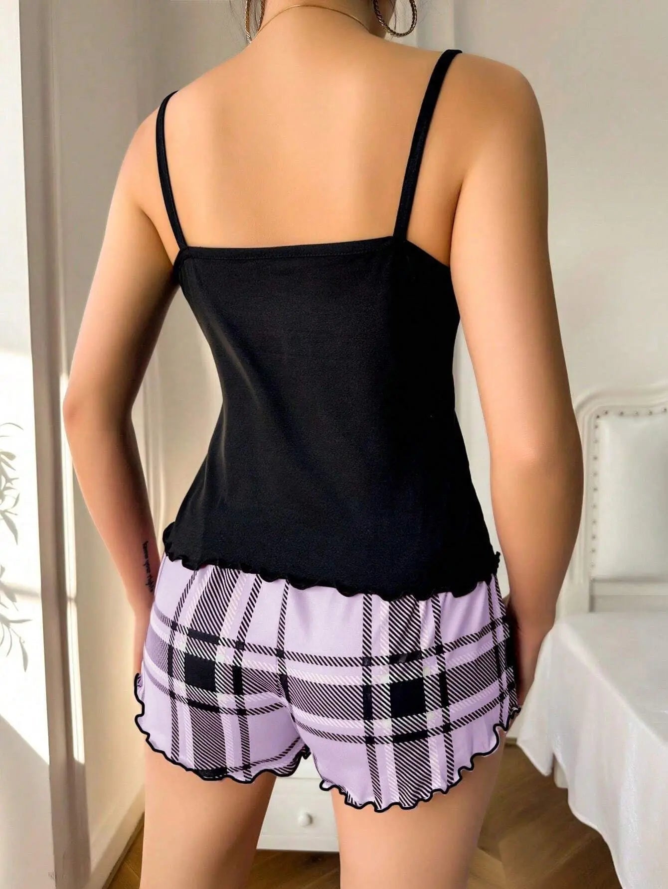 Women Sexy Suspender Shorts Thin Pajamas Letter Print Plaid Shorts Large Pajamas Romantic Home Wear Sexy Nightwear Short Pajama - The Genie Store