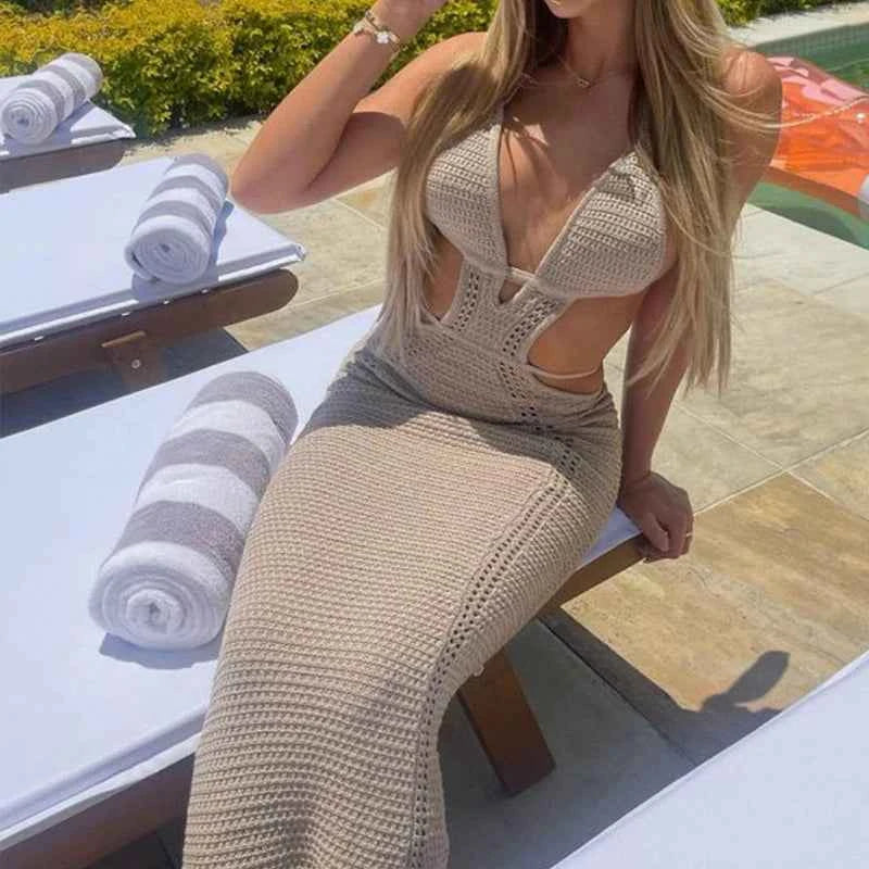 Sexy Style Hollow Out Backless Tie Up Dress Women Beach Vacation Beachwear Cover Up Knitting Sun Bathing Sunscreen Long Dress