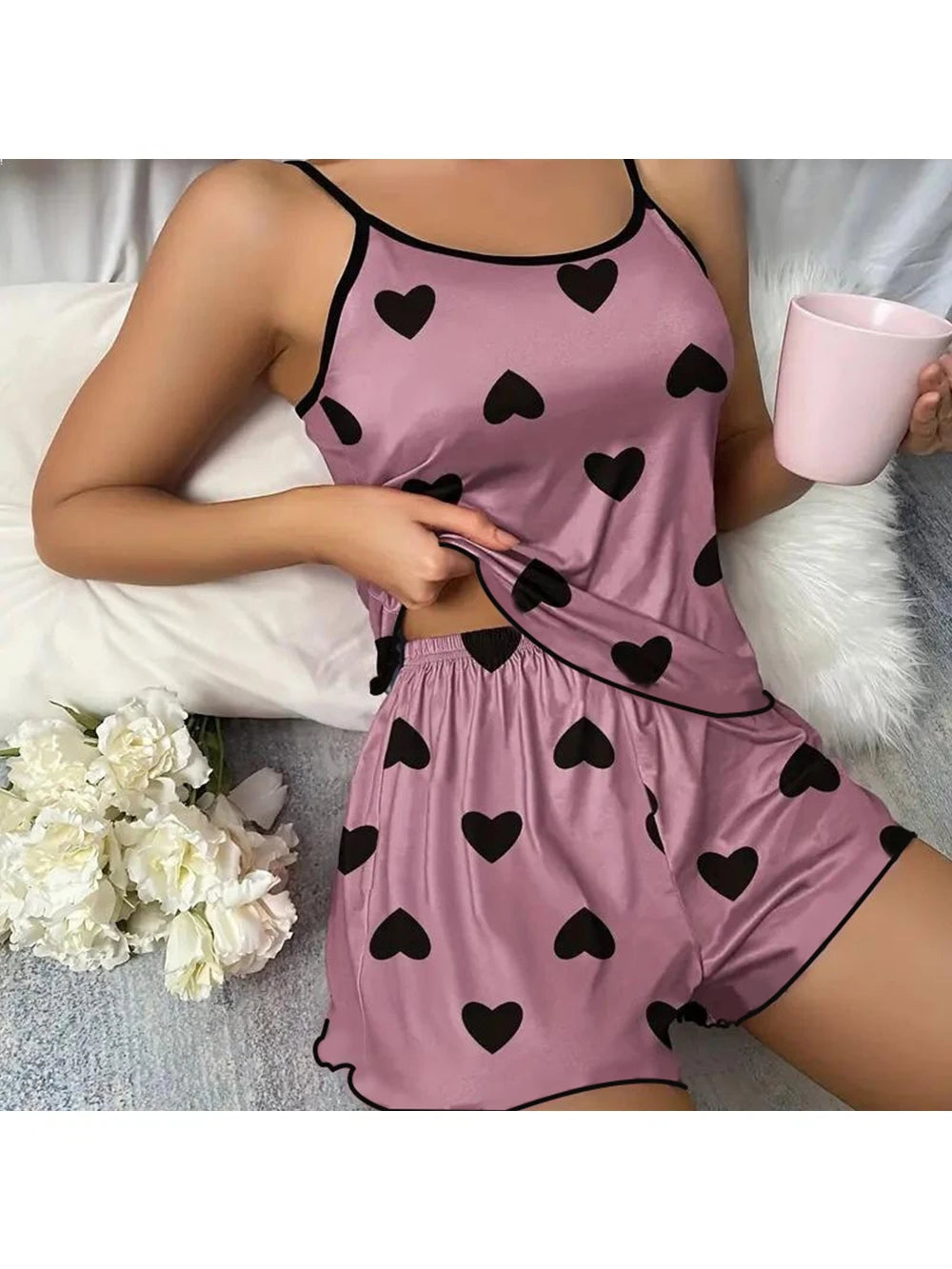 Women's Pajama Set Pajamas T-Shirts Shorts Pink Heart-Shaped Print Round Neck T-Shirt Ice Silk Top Comfortable Casual Summer  - The Genie Store