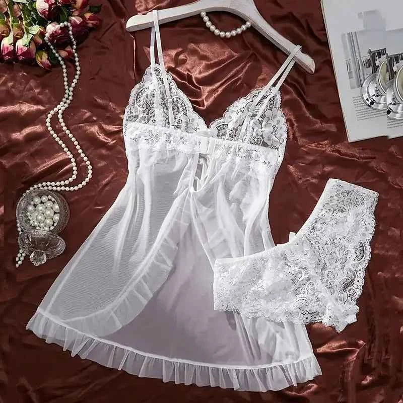 A Set Of Tulle Ultra Sexy Nightgown V-neck Bra Open Sleep Skirt Night Erotic Dress Woman Sheer Pajamas Lingerie Pants Luxury kit