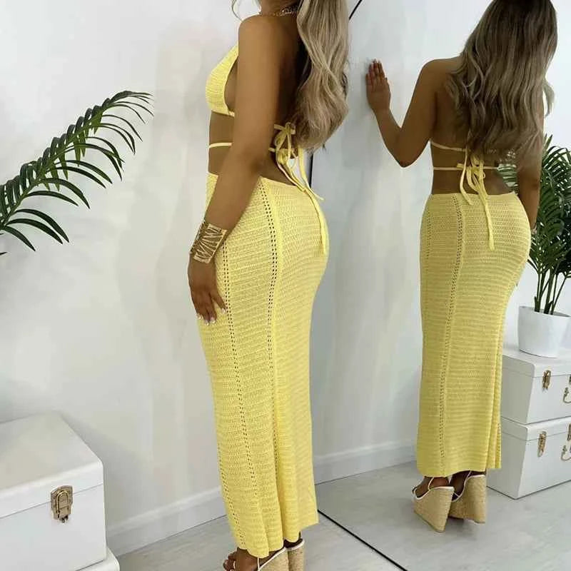 Sexy Style Hollow Out Backless Tie Up Dress Women Beach Vacation Beachwear Cover Up Knitting Sun Bathing Sunscreen Long Dress