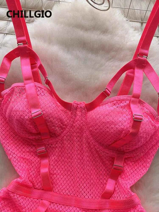 CHILLGIO Women Sexy Erotic Lace Strappy Rompers Lingerie Fashion Elastic Slim Bodysuits Solid Catsuits One Piece Tight Onesie - The Genie Store