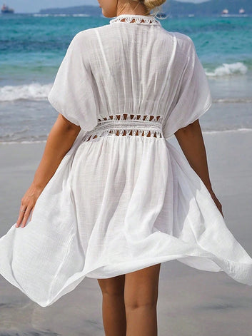 Summer Dress Crochet Patchwork Boho Beach Swimsuit Cover Up Lace-Up Long Blouse Hollow Out Open-Front Cover-Up Duster Kimono - The Genie Store