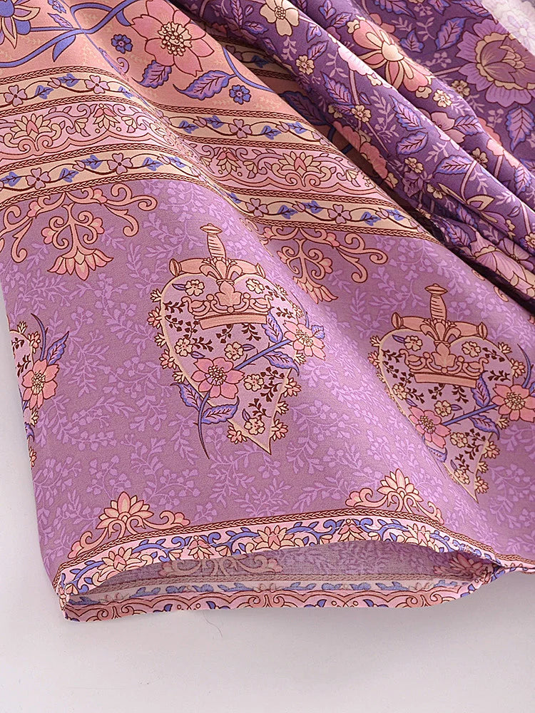 Vintage Chic Women Pink Floral Print Sashes Bohemian Kimono Ladies V Neck Batwing Sleeves Rayon Boho Robe Bikini Cover-ups - The Genie Store