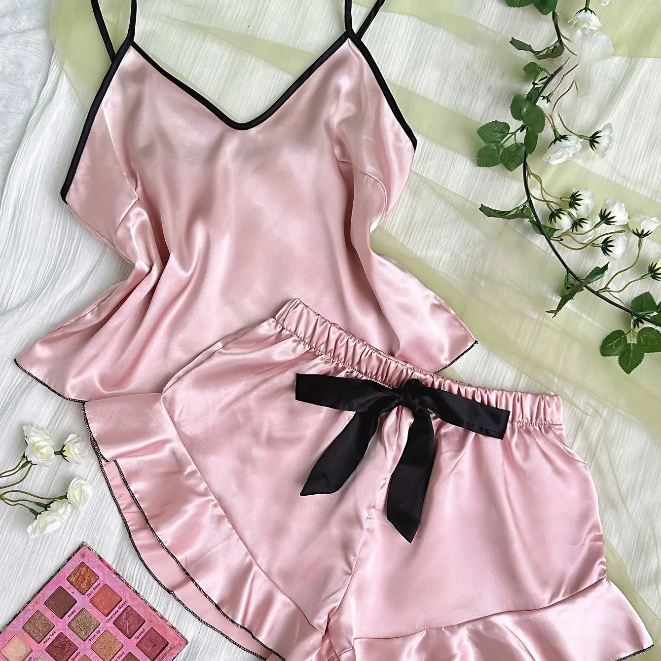 Women's Smooth Satin Pajamas V-Neck T-Shirt Ruffled Edges And Bow Shorts Simple And Breathable Pajama Set Sling Home Clothing - The Genie Store