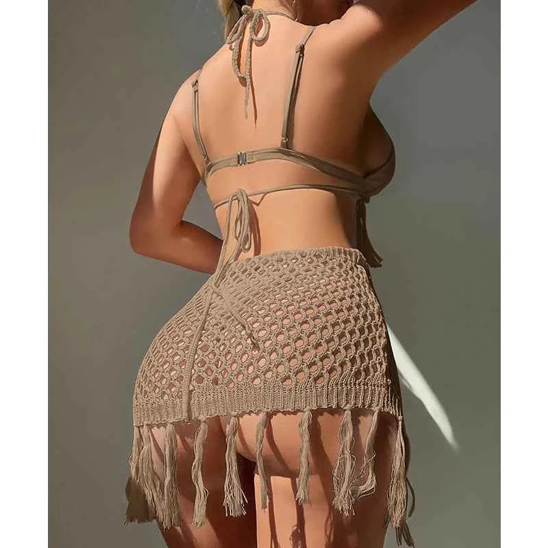 Two-piece Crochet Teens Women Sexy Bikini Cover Up Set Binding Rope Tassel Swimsuit Summer Holiday Knitting Beach Wear