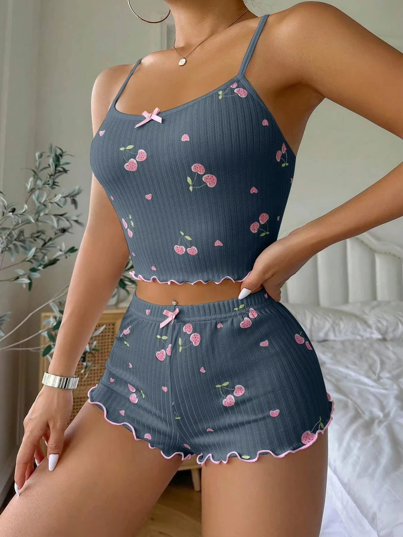 Sleepwear Women's Summer Pajama Set Heart Print Sexy Ribbed Bow Decor Round Neck Backless Crop Cami Top & Shorts Nightwear New - The Genie Store