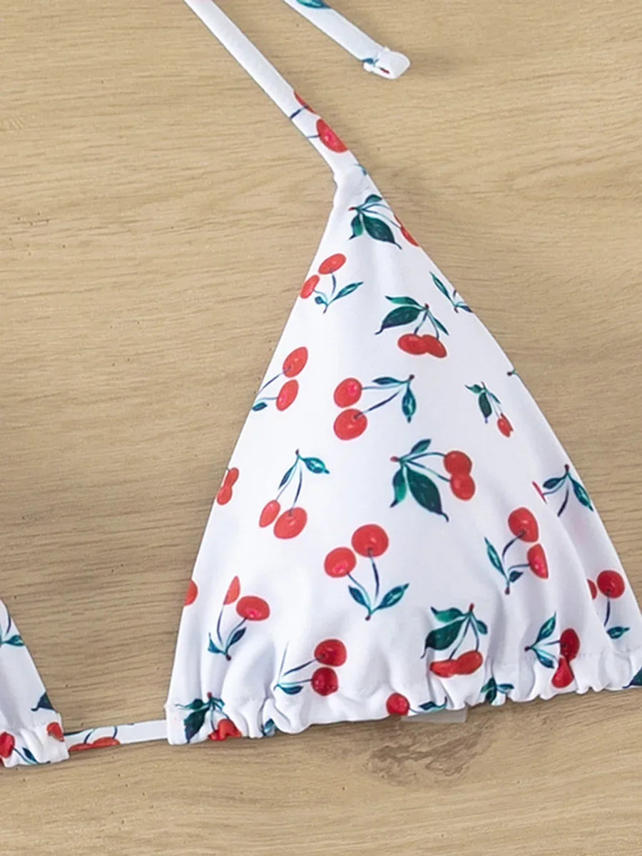 With Mesh Sarong Skirt Cherry Printed Bikini Female Swimsuit Women Swimwear Three Pieces Bikini Set Bathing Suit Swim Beachwear - The Genie Store