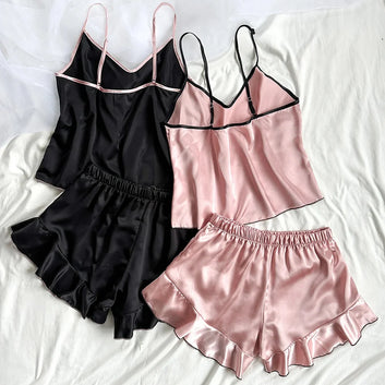 Women's Smooth Satin Pajamas V-Neck T-Shirt Ruffled Edges And Bow Shorts Simple And Breathable Pajama Set Sling Home Clothing - The Genie Store