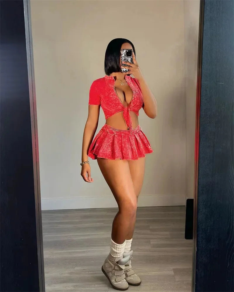 Streetwear Party Club Co Ord Sets for Women 2 Piece Set Outfit Summer Lace-up Crop Top and Mini Skirt Sets Conjuntos Para Vestir - The Genie Store
