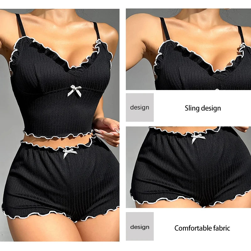 Ladies' Summer Two-Piece Ribbed Fabric Black V-Neck Camisole Crop Top and Shorts Sexy Casual Pajama Set - The Genie Store