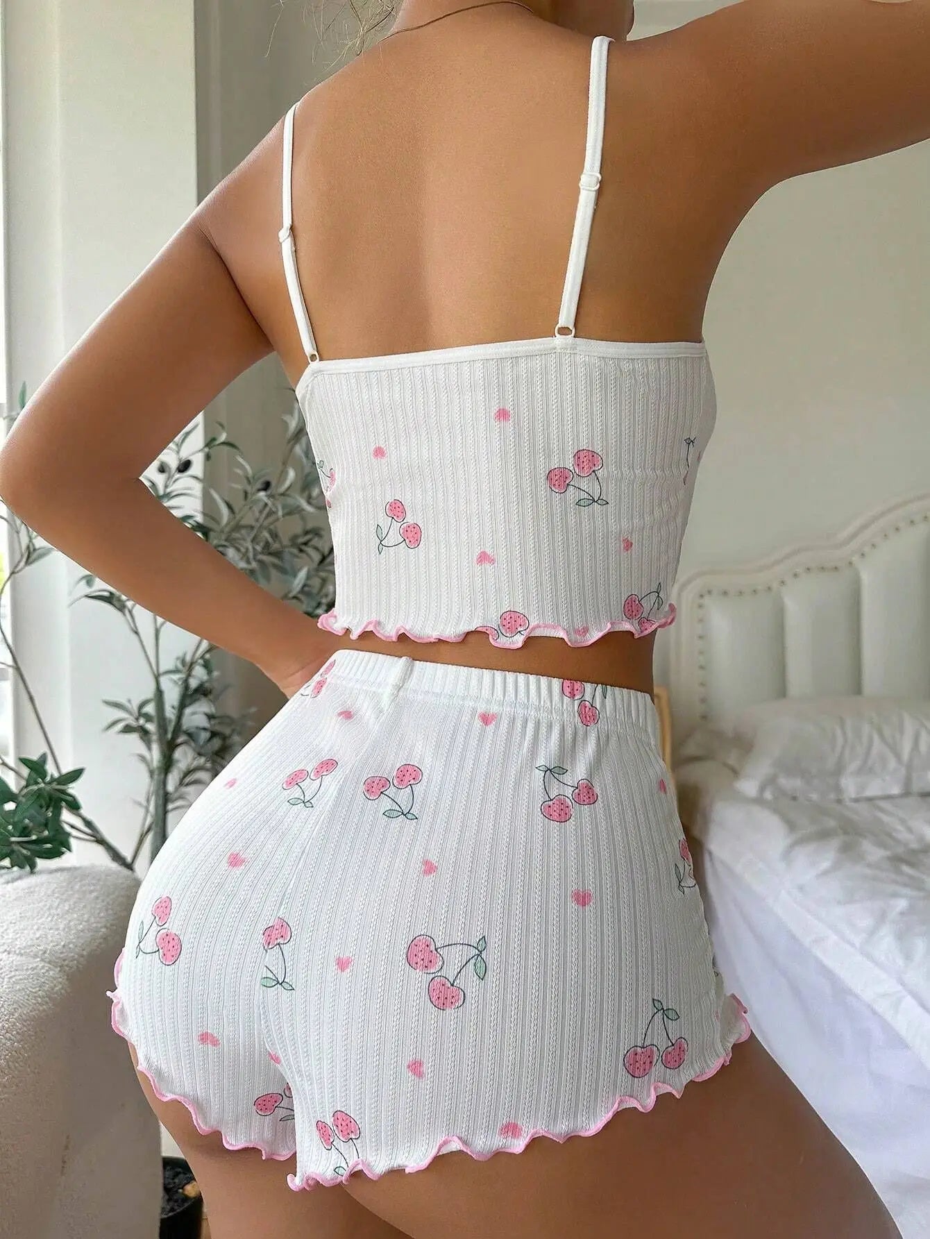 Sleepwear Women's Summer Pajama Set Heart Print Sexy Ribbed Bow Decor Round Neck Backless Crop Cami Top & Shorts Nightwear New - The Genie Store