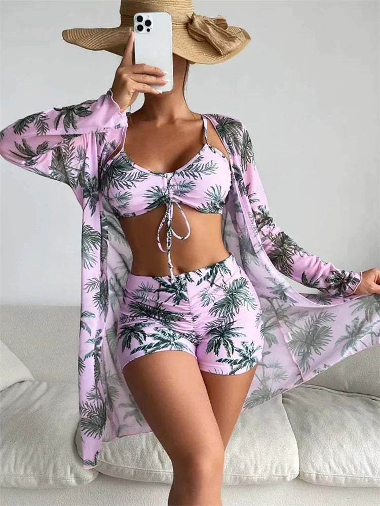 Women's Fashion Draw Rope Swimsuit Print High Waist Long Sleeve Smock Split Three Piece Bikini Set Swimwear - The Genie Store