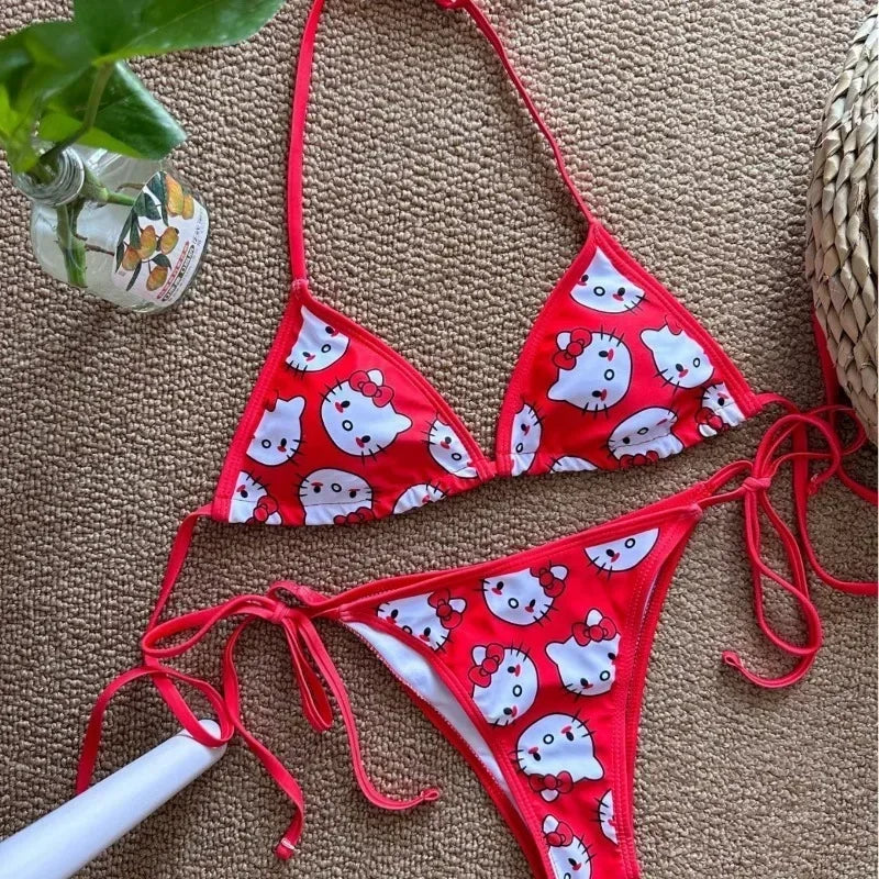 Hello kitty Cute Sexy Bikinis Set Print Bikini Swimsuit Women Swimwear Beachwear Lingerie Girls Elasticity Slips on Vacation - The Genie Store