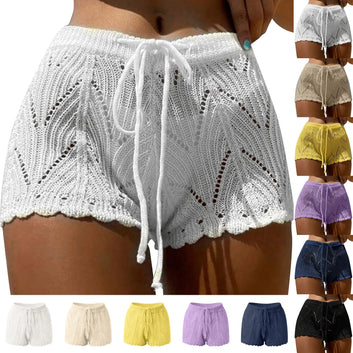 2024 New Hollow Out Crochet Knit Swim Shorts Drawstring Elastic Waist Women Summer Sexy Beach Cover Ups Shorts Swimwear Sarong - The Genie Store
