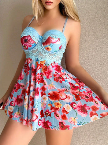 Women's Lace Babydoll Lingerie Dress and Thong Set - Floral Underwire Nightgown