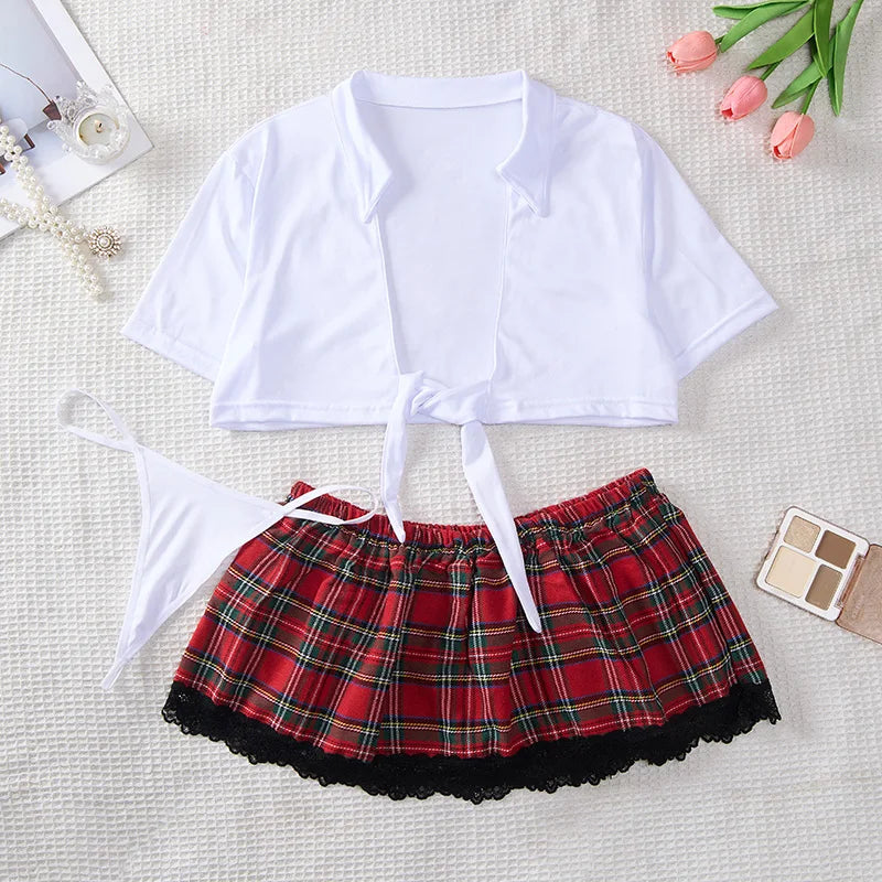 Women's Sexy Lingerie Two Piece Lace Outfits Tie Top Skirt Women's Cosplay Uniform Lingerie Sets - The Genie Store
