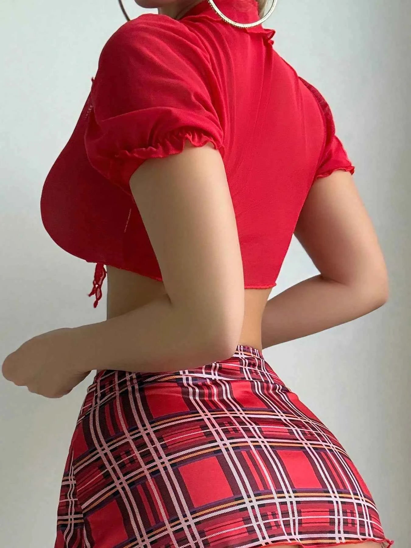 Luxe Lingerie Set - Sexy Lace School Girl Outfit with Tie Top & Mini Pleated Skirt - The Genie Store