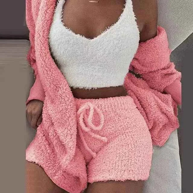 CozyChic 3-Piece Fluffy Lounge Set | Plush, Sexy Backless, Fleece Comfort for Women - The Genie Store