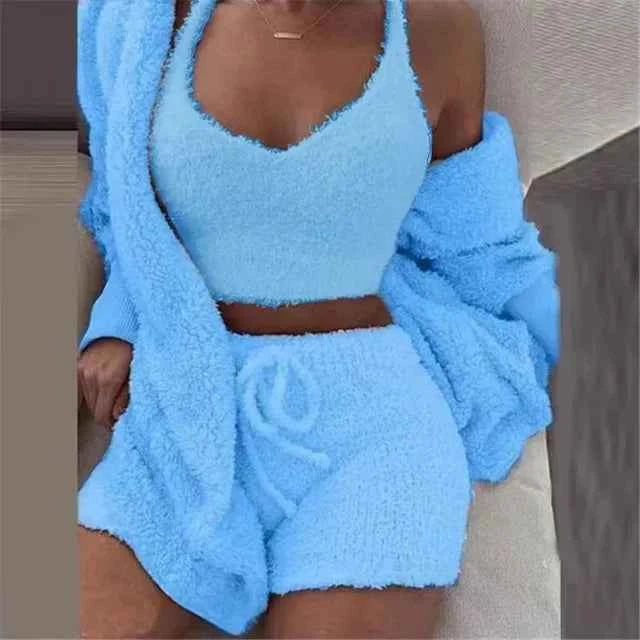 CozyChic 3-Piece Fluffy Lounge Set | Plush, Sexy Backless, Fleece Comfort for Women - The Genie Store