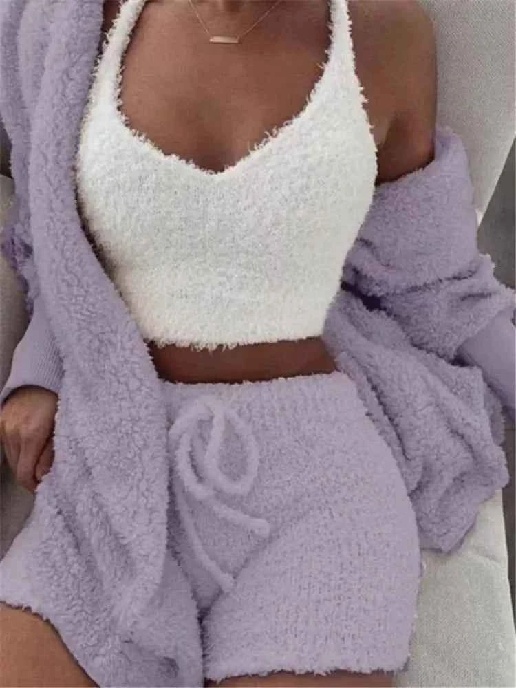 CozyChic 3-Piece Fluffy Lounge Set | Plush, Sexy Backless, Fleece Comfort for Women - The Genie Store