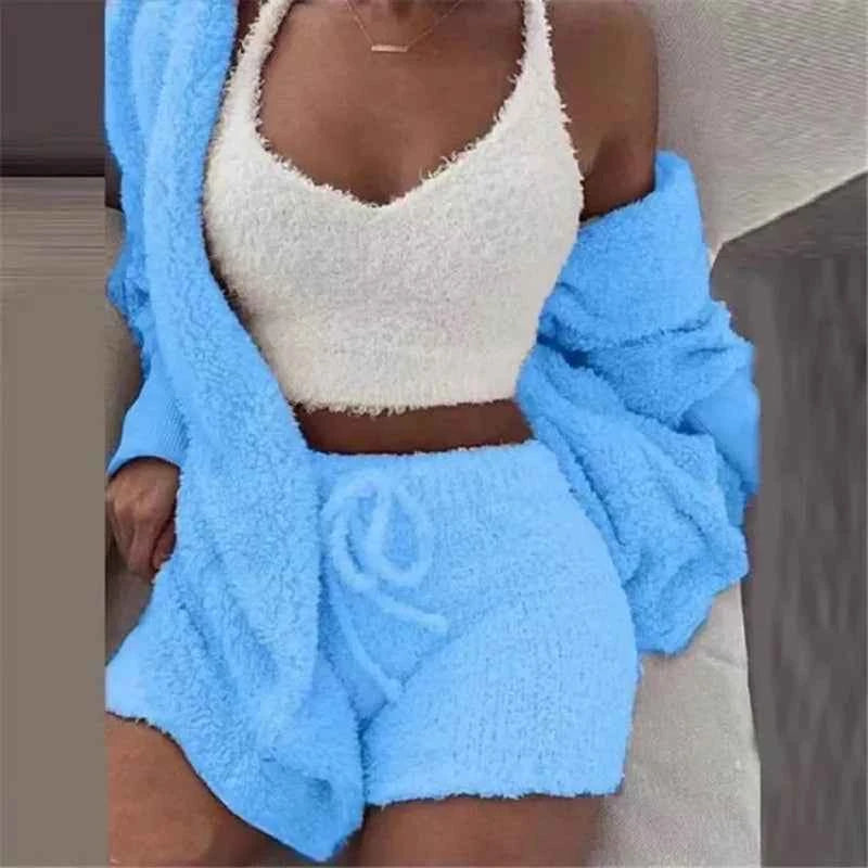 CozyChic 3-Piece Fluffy Lounge Set | Plush, Sexy Backless, Fleece Comfort for Women - The Genie Store