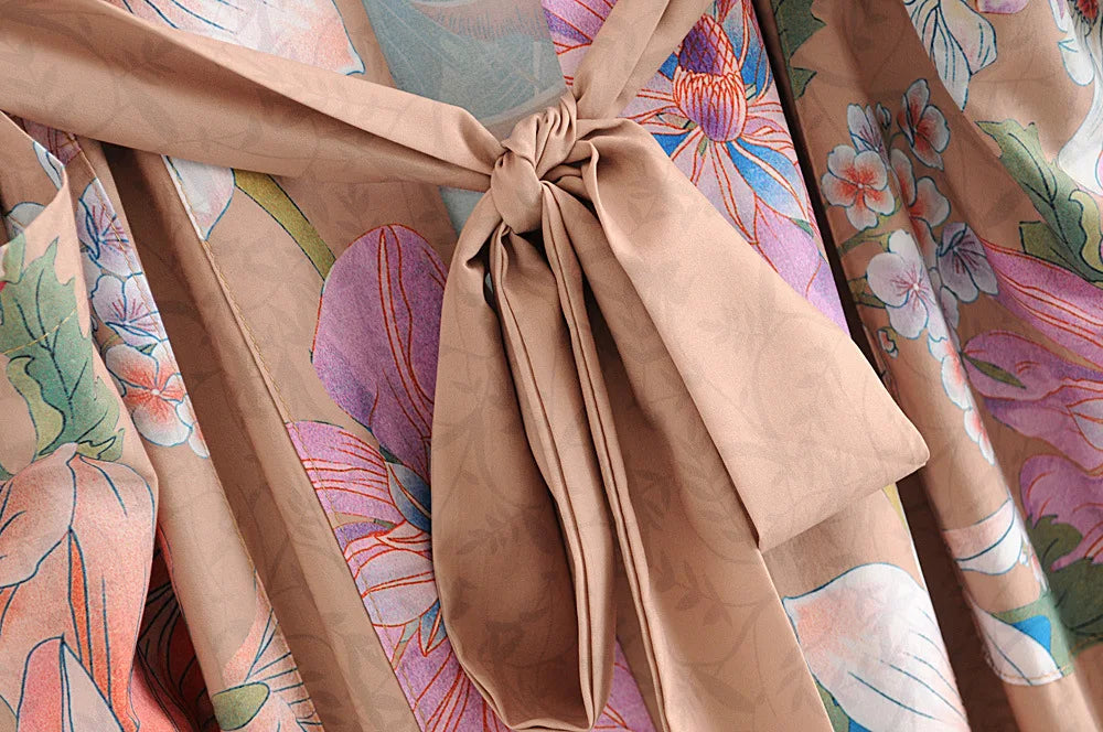 Happie Queens Vintage Peacock Floral Print  Women Bohemian V Neck Batwing Sleeves Ladies Boho Kimono Robe Cover-ups - The Genie Store