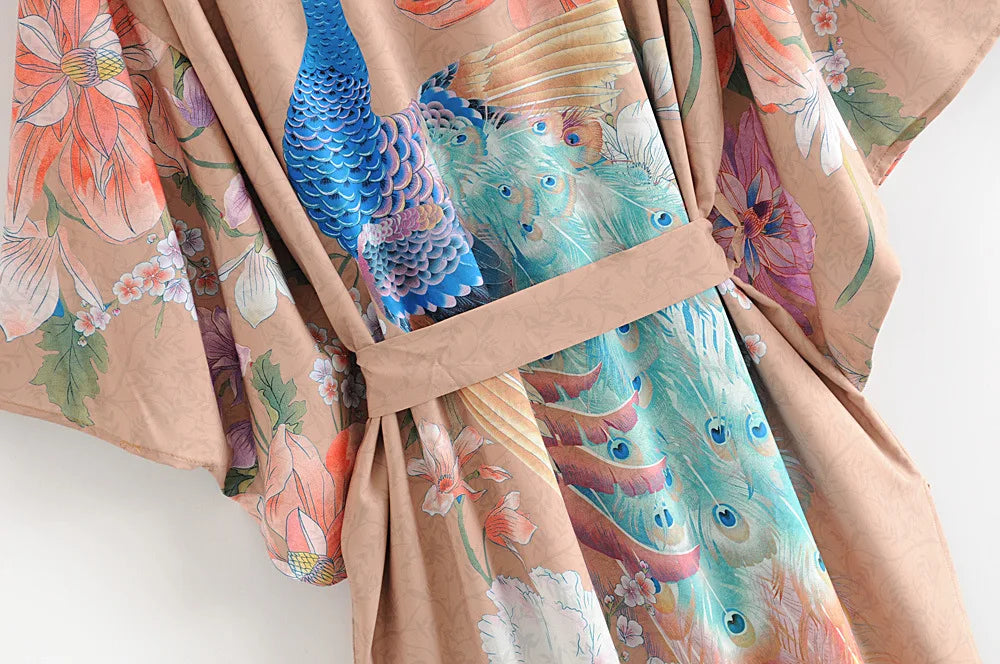 Happie Queens Vintage Peacock Floral Print  Women Bohemian V Neck Batwing Sleeves Ladies Boho Kimono Robe Cover-ups - The Genie Store