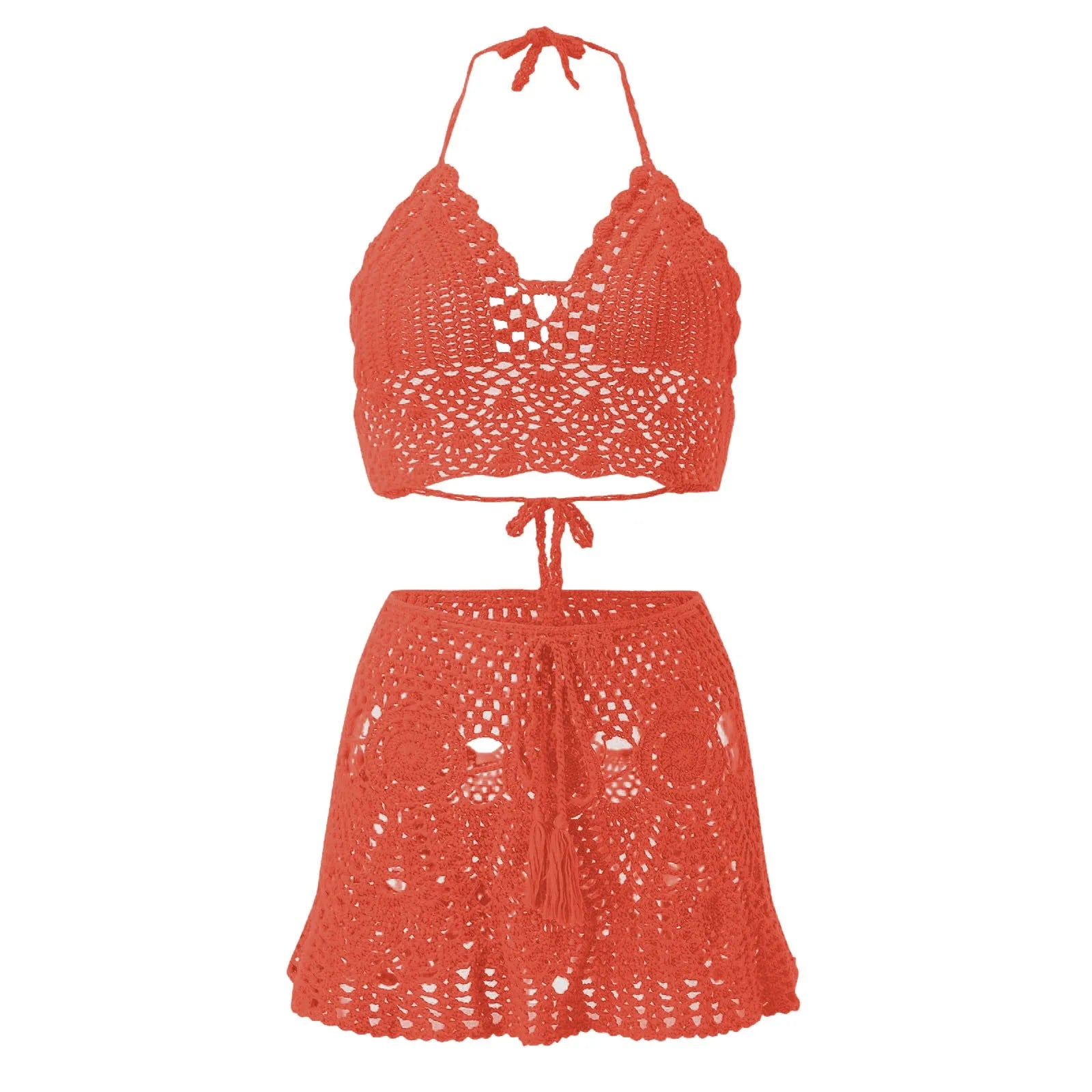 Boho Sexy Bikinis Sets Women's Crocheted Hollowed Out Two Piece Summer Bikini Beach Wear Halter Neck Bikini Bathing Bottoms - The Genie Store