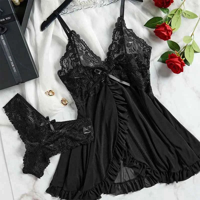 A Set Of Tulle Ultra Sexy Nightgown V-neck Bra Open Sleep Skirt Night Erotic Dress Woman Sheer Pajamas Lingerie Pants Luxury kit