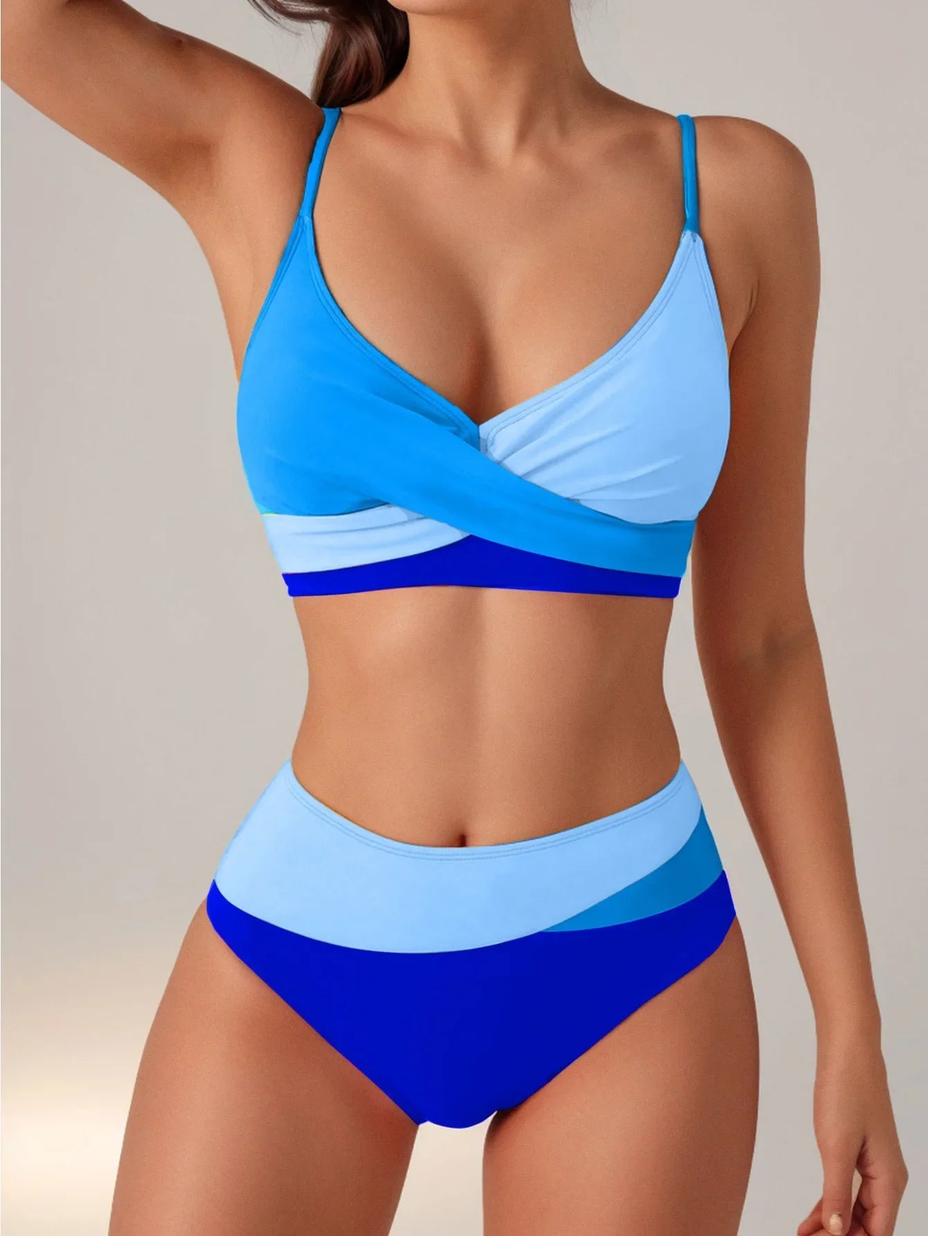 Women's Rose Red Patchwork High-Waist V-Neck Bikini Set - The Genie Store