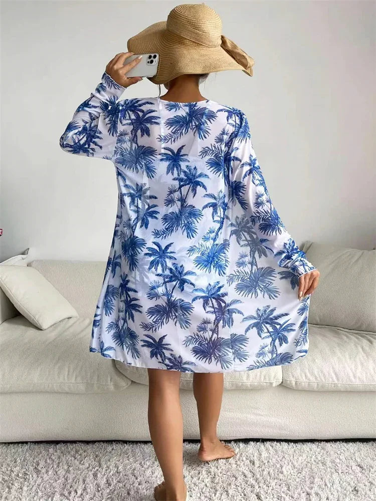 Women's Fashion Draw Rope Swimsuit Print High Waist Long Sleeve Smock Split Three Piece Bikini Set Swimwear - The Genie Store