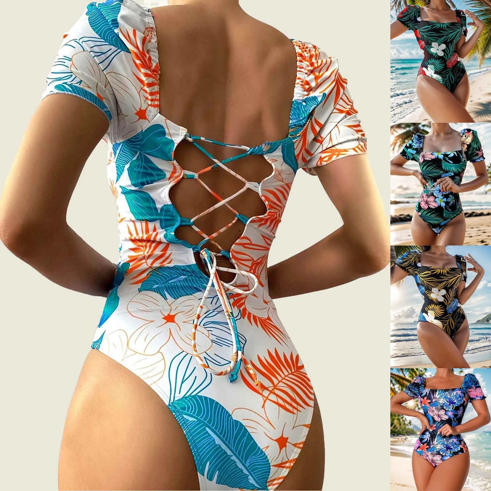 Women Swimsuit Fashion Swimsuit Printed Flower Triangle Bikini Strap Sexy Swimsuit Hawaiian Sea Sexy One-Piece Swimsuit Biquini - The Genie Store
