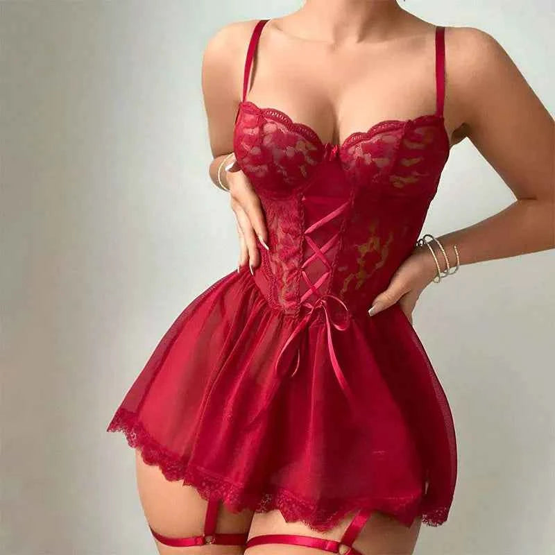 Garter Pajamas Exquisite Hot Women's Lingerie Fancy Bra With Thong Leg Rings Erotic Nightgowns Plus Size Underwear Sleepwear Set