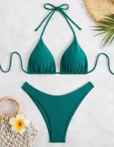 2025 Women White Bikini Chest Padded New Sexy Halter Bikini Two-Piece Set With Drawstring Straps Solid Brazilian Bathing Suit - The Genie Store