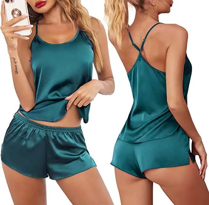 Women's Sleepwear Sexy Lace Satin Pajama Sets Nightwear Sleeveless Tops+Shorts 2 Pcs Sets Pyjama Sets For Women Pijama - The Genie Store