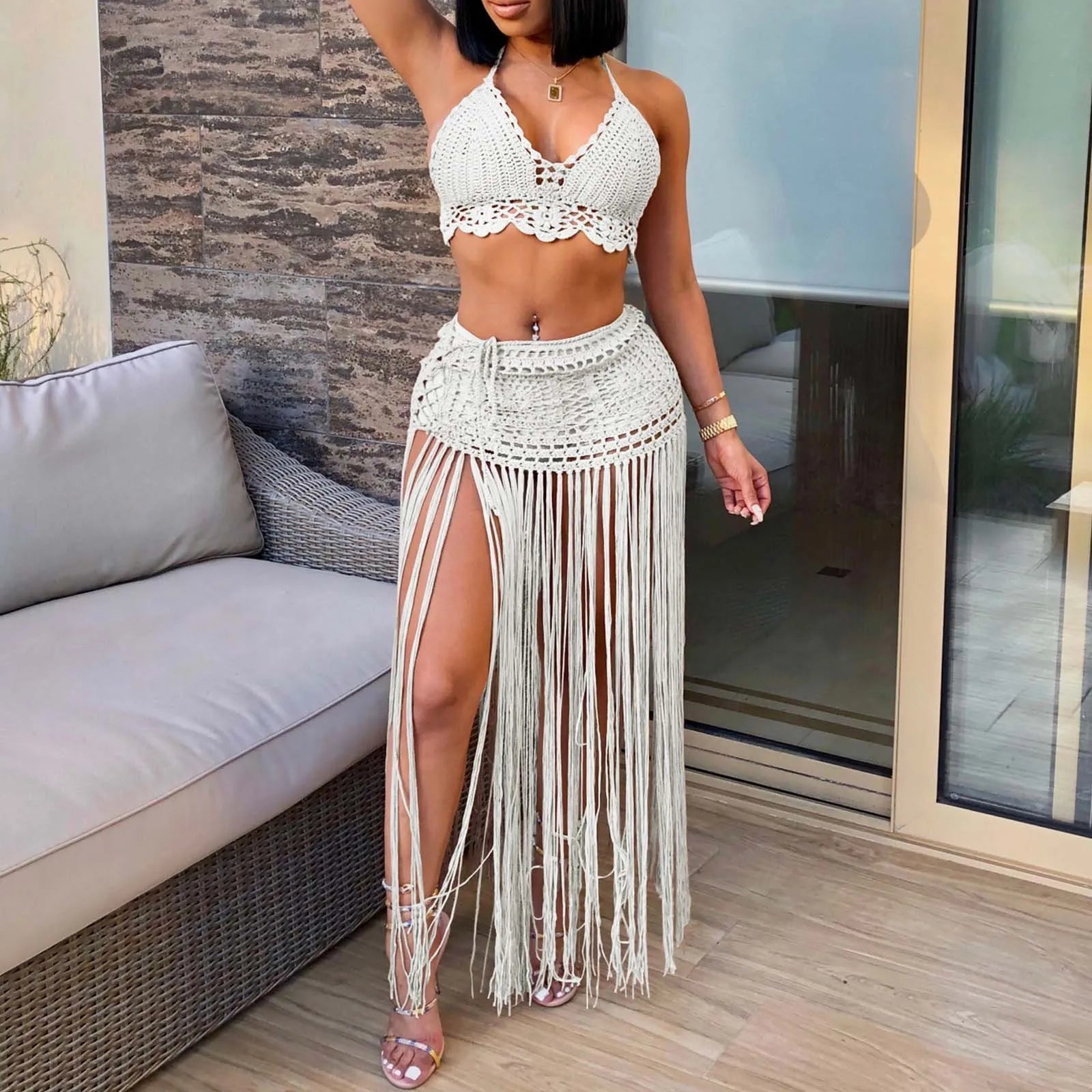 Women'S Two Piece Swimsuit Beach Cover Up Fashion Solid Colour Knitted High Waist Tassel Long Skirt Swimsuit Cover Up Bikini - The Genie Store