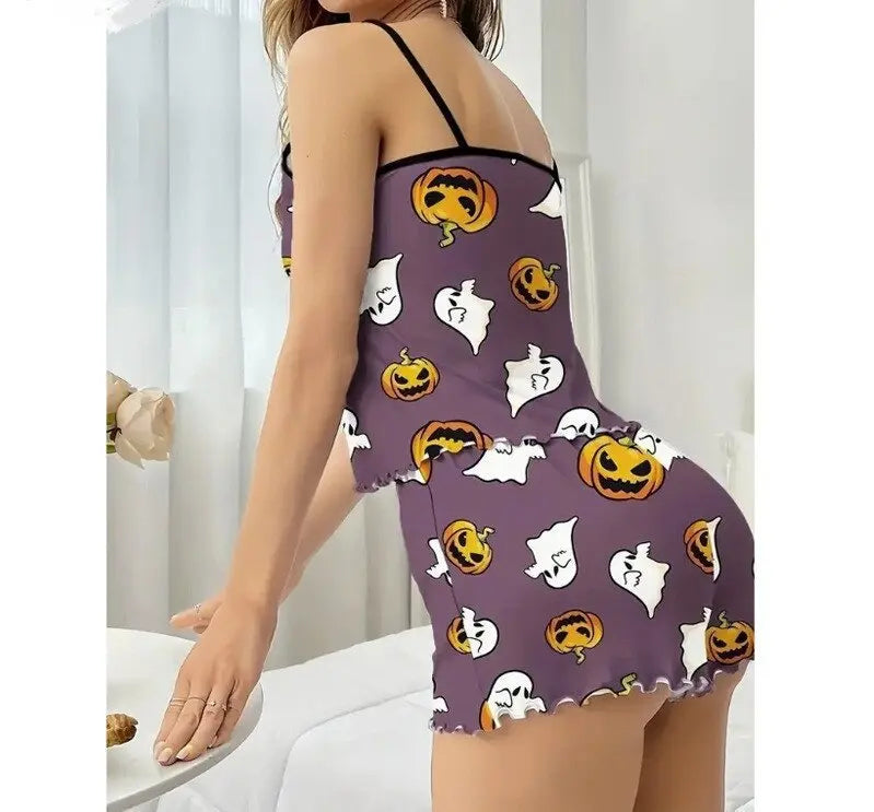 Halloween Pumpkin Print Pajama Set Womens Cute Ribbed Cami Crop Top and Shorts Two Piece Sleepwear Lettuce Hem Y2K Loungewear - The Genie Store
