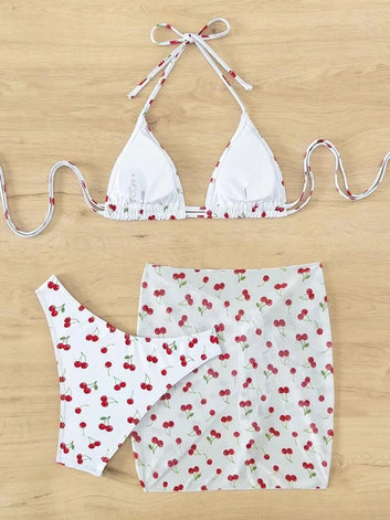 With Mesh Sarong Skirt Cherry Printed Bikini Set for Women - Three Pieces Swimwear Beachwear