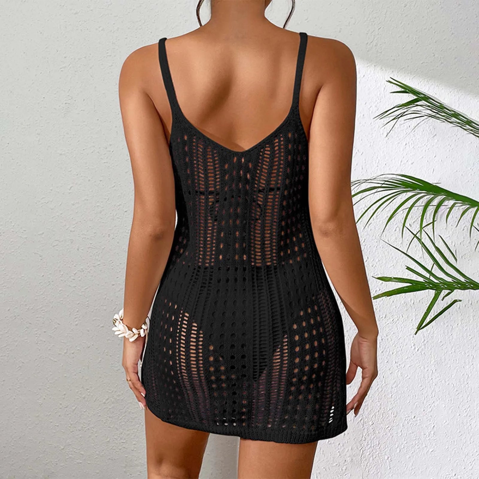 Women'S Sexy Sheer Knit Textured Crochet Overlay Spaghetti Strap Short Dress Beach Cover Women S Swim Cover Ups Halter Cover Up - The Genie Store
