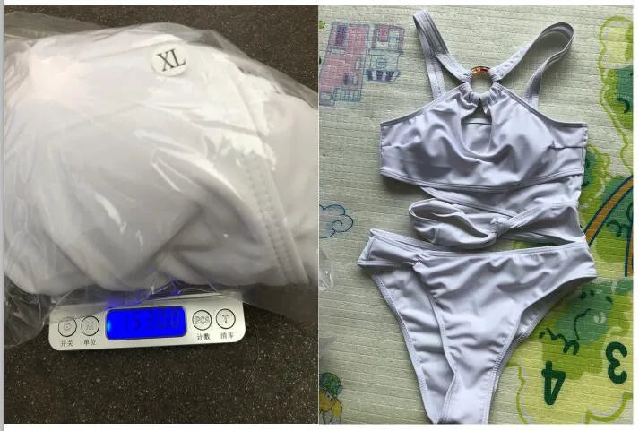 Sexy Halter Irregular Cutting Bikini Set Push-Up Bra Padded Swimsuit White Slim Beachwear High Leg Cut Loop Design Swimwear 수영복 - The Genie Store