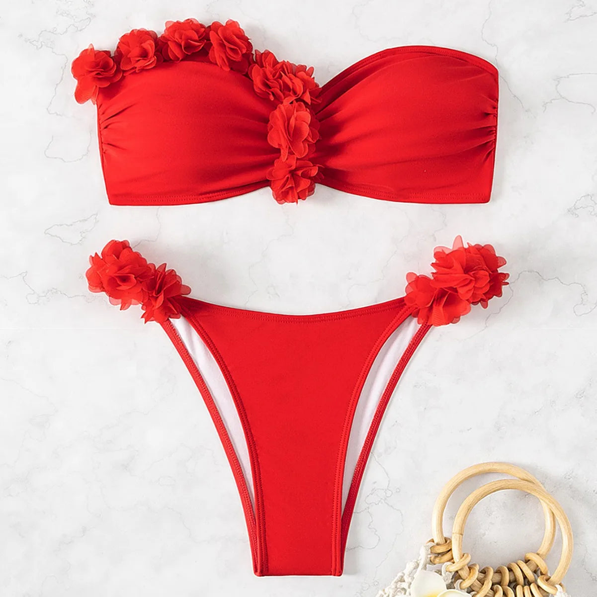 XS - L 3D Flowers Bandeau High Cut Bikini Women Swimwear Female Swimsuit Two-pieces Bikini Set Bather Bathing Suit Swim - The Genie Store