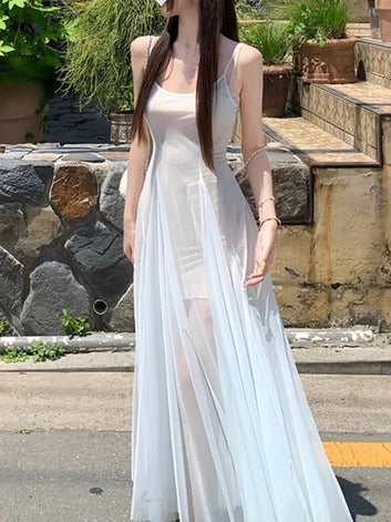 Korean Style Backless Midi Dress - Sweet Women's Mesh Suspender Dress for Summer Y2K Party and Vacation Style