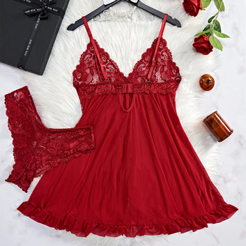 Red Transparent Lace Lingerie Set for Women - Sexy See-through Sleepwear Nightdress and Panty Pijamas Set