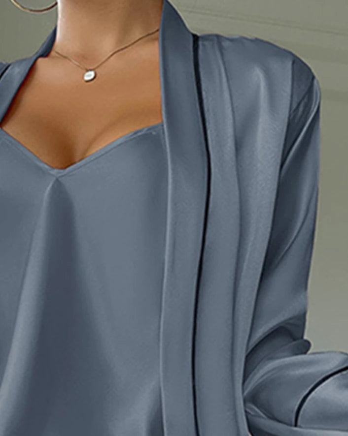 Women Home Three Piece Set 2025 V-Neck Spaghetti StrapTops Ruffle Hem Drawstring Short Cami Set with Tied Detail Open Front Robe - The Genie Store