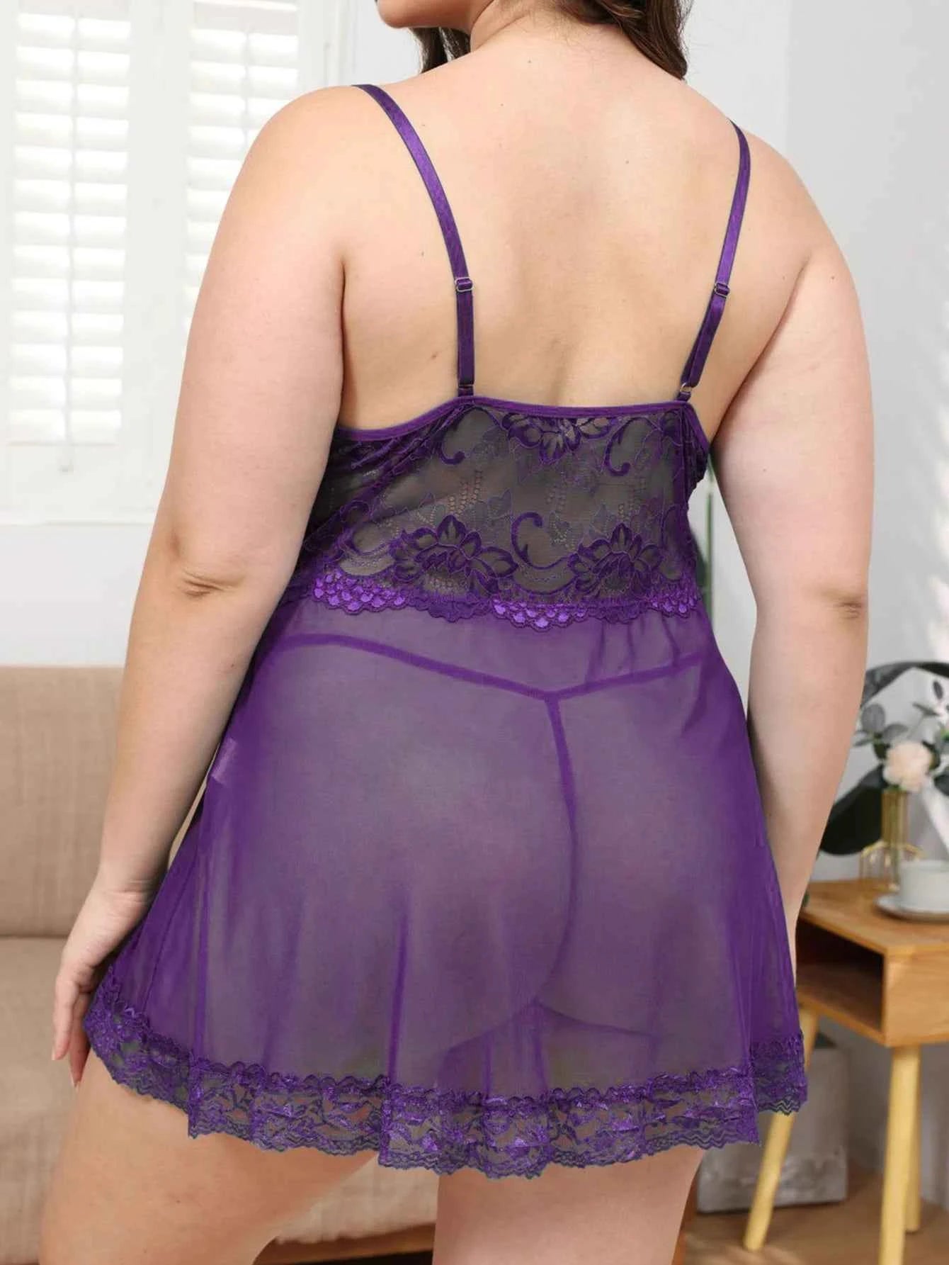 Womens Plus Size Lingerie Set Tempting Deep V Bodysuit Dress and Thong Set Sleepwear Seductive Teasing Set Purple XXXXL